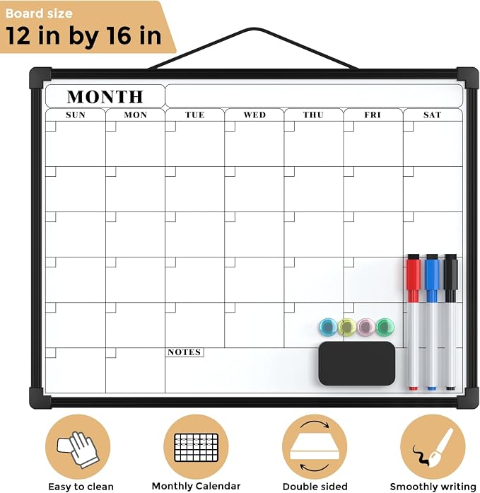 MaxGear Monthly Calendar Dry Erase Board for Wall, 16"x12", Black Frame | Double-Sided, Hanging Small White Board, Portable Whiteboard for Planning, Drawing, Memo, to Do List, Home, Kitchen, Office