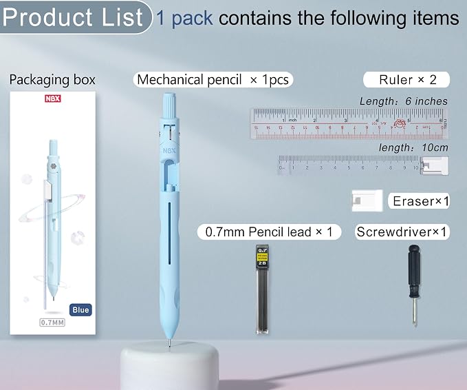 Cute Mechanical Pencil, Metal Grip, Refillable for School Supplies Kid Student Writing, Drafting Drawing Sketching, Mechanical Pencils Set with Lead Refills & Compass & Ruler & Eraser (Blue)