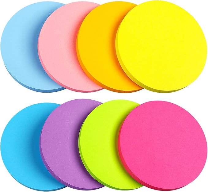 SIMONA Round Sticky Notes 8 Bright Colors, 600 Sheets | Fun Round Shape Self-Sticky Note Pads, 8 Assorted Bright Colors Sticky Notes for Office, School, Family