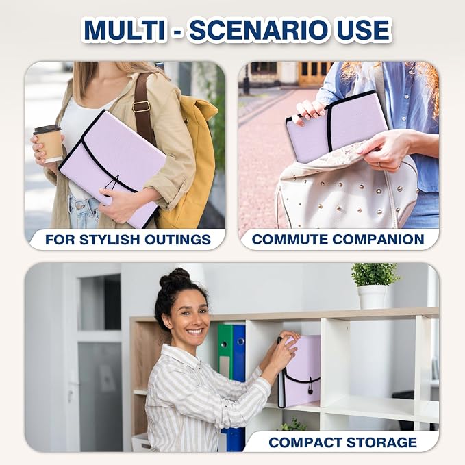 H4D 13-Pocket Accordion File Organizer, Expanding File Folder, Pale Lilac | Extra Back Mesh Pocket, Letter Size Paper, Pre-Printed and Customizable Labels, Expandable Document Organizer