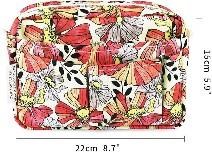 E-WEICHEN Multiple Pockets Portfolio Organizer with Zippered, Makeup Bag Travel Essentials for Women, Simple Waterproof Stationery Pencil Pouch Bag for Journal Office Art Supplies.Red Ink Flower
