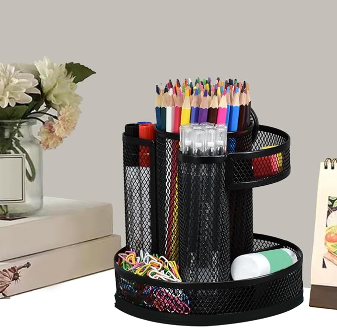 HERCHR 360 Rotating Desk Pen Holder Organizer, Black Mesh Metal Rotating Pencil Holder with 7 Compartments, Office Desk Organizer for Pencils Scissors Art Supplies, 6.1x6.5x3.1in