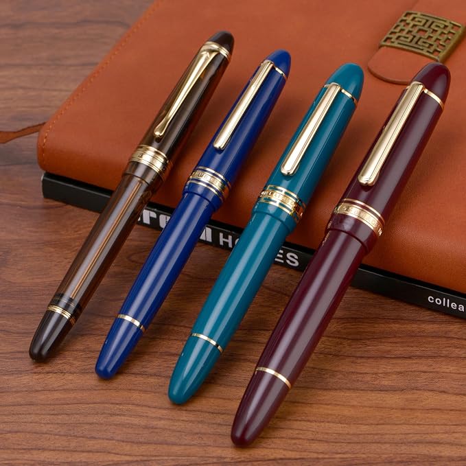 Wikult Yongsheng Junlai 930 Acrylic Fountain Pen, Size 9 Broad Nib with Piston Filling System, Wine Red Fence Ink Tank with Torpedo Shape Design Large Hand Pen (Gold Trim)