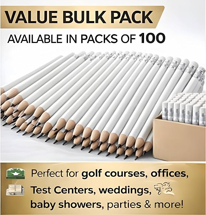 TH Golf 100pcs Golf Pencils, 4 Inch Mini Half Pencils with Eraser Sharpened Wood Mini Round for Schools Wedding Toddlers Home Corporate Multiple Colours (White)