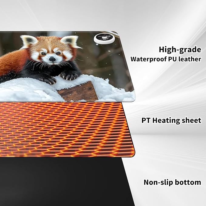 Heated Desk Pad Mouse Pad,Heated Desk Mat,with 3 Heating Levels & 3 Hours Auto Shut-Off,Leather 23.6"*14.2" Gaming Mouse Laptop Mat,Foot Warmer,Cute Raccoon Snow