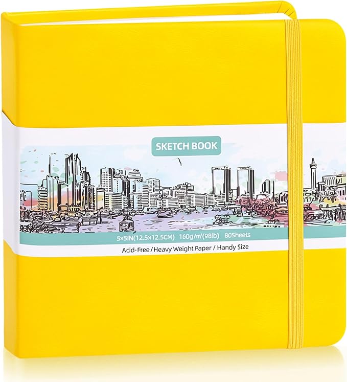Prudiut Hardcover Pocket Sketchbook, 5" x 5" Square Mini Sketchbook, 98lb/160gsm Heavyweight Tiny Sketch Book, 80 Sheets Small Travel Drawing Journal for Adults, Artist, Ideal for Gift (Yellow)