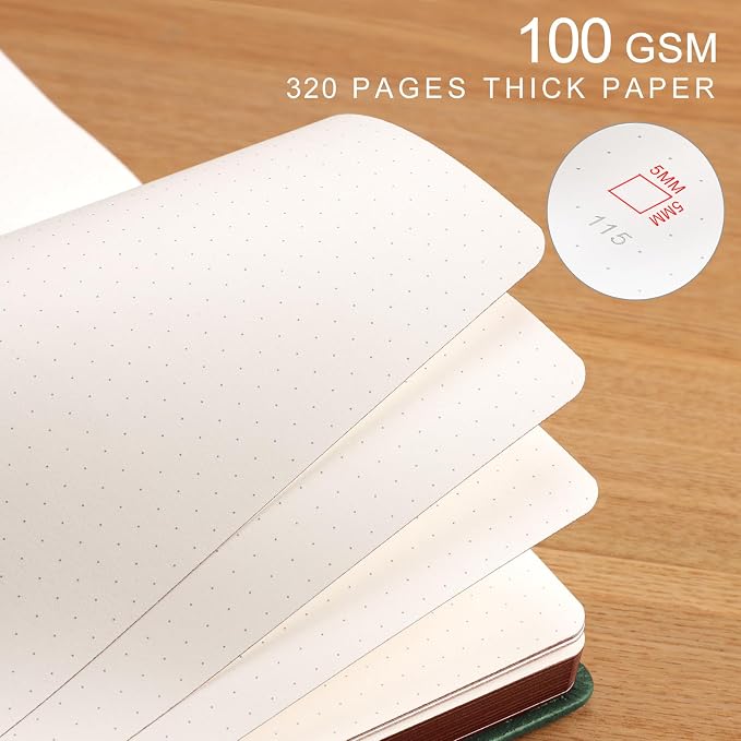 AHGXG Thick Dotted Notebook, 320 Numbered Pages, A5 (5.75'' X 8.38'') | Journal for Writing, 100gsm Dot Paper, Vintage Leather Hardcover, for Women Work Office School (Dark green)