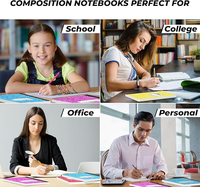 Rosmonde 100 Pack Bulk Composition Notebooks, Wide Ruled, 200 Pages (100 Sheets), 9-3/4 x 7-1/2, Hard Cover, Bulk School Supplies, Assorted Colors Marble Composition Journal, Bulk Notebooks for School