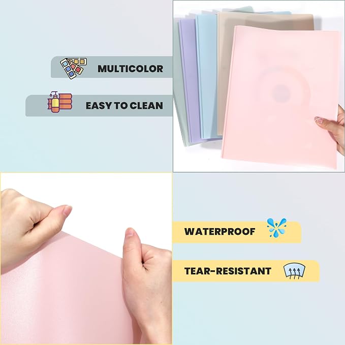 GNL Plastic Folders with Pockets and Prong, Pack of 5, Muted Pastel Colors, Heavy Duty 2 Pocket File Folders Letter Size, Folders with Prongs for School, Home, and Office
