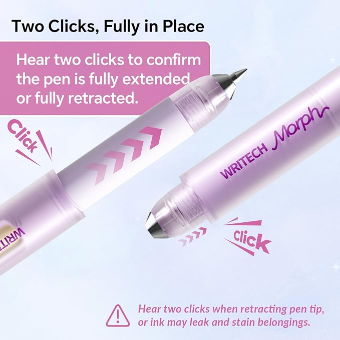 WRITECH Morph Extendable Gel Pens: 0.7mm Medium Point Black Ink Pocket-to-Full-Size Design Translucent Soft Grip Barrel Includes 2 Pens and 2 Refills Dual-Length Pocket Pen 4.6" to 6.1"
