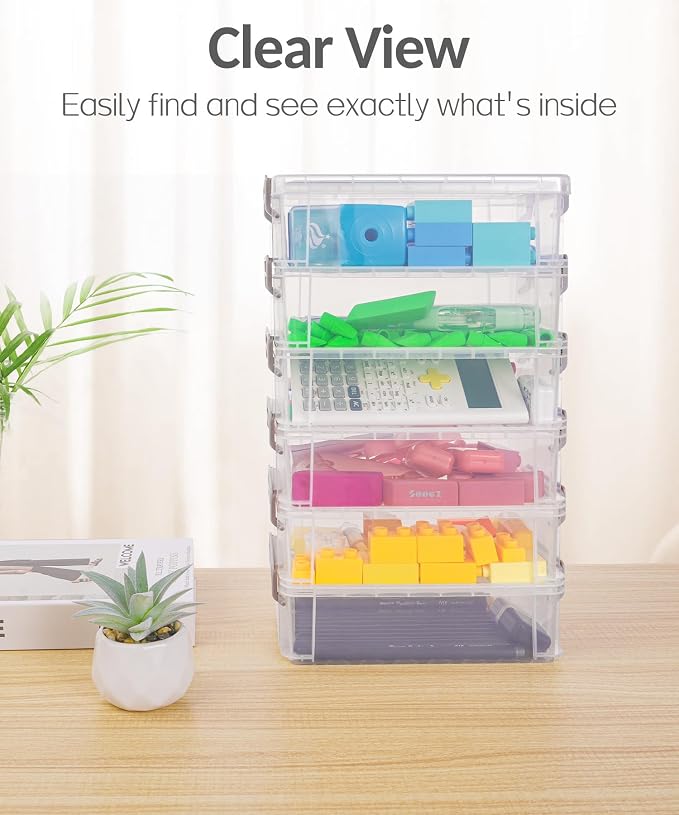 Sooez 6 Pack Extra Large Pencil Box, Plastic Pencil Case Crayon Box Bulk, Clear Marker Organizer Plastic Containers with Lid, Stackable Storage Boxes for Craft, Pen, Art, Back to School Supplies, Pink
