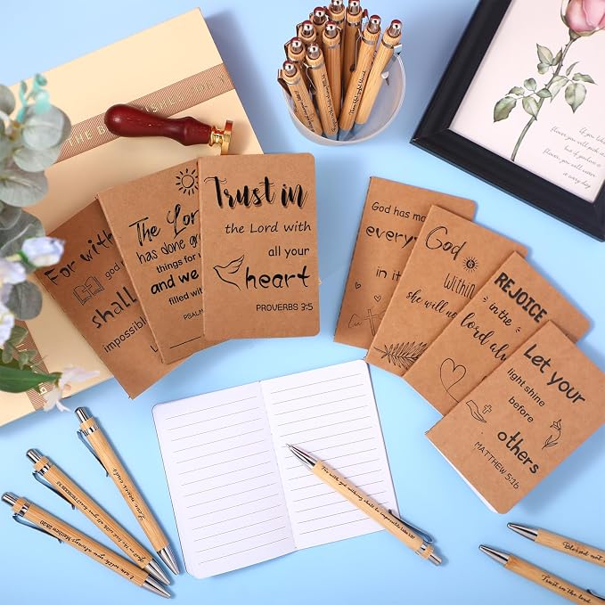 Funrous 32 Pcs Motivational Quote Pens Inspirational Notepads Mini Journal with Ballpoint Pen Small Notebooks Gift for Men Women Coworker Adult Party Favors Prize Teacher Student Office(Bible)