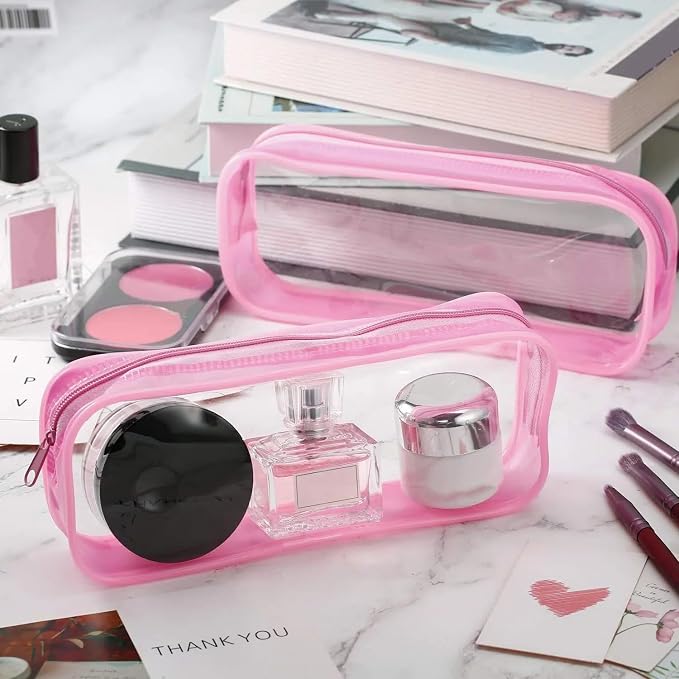 Tatuo 4 Pieces Clear PVC Bags Big Capacity Zipper Pencil Pouch Case Travel Luggage Makeup Cosmetic Bag(Pink)