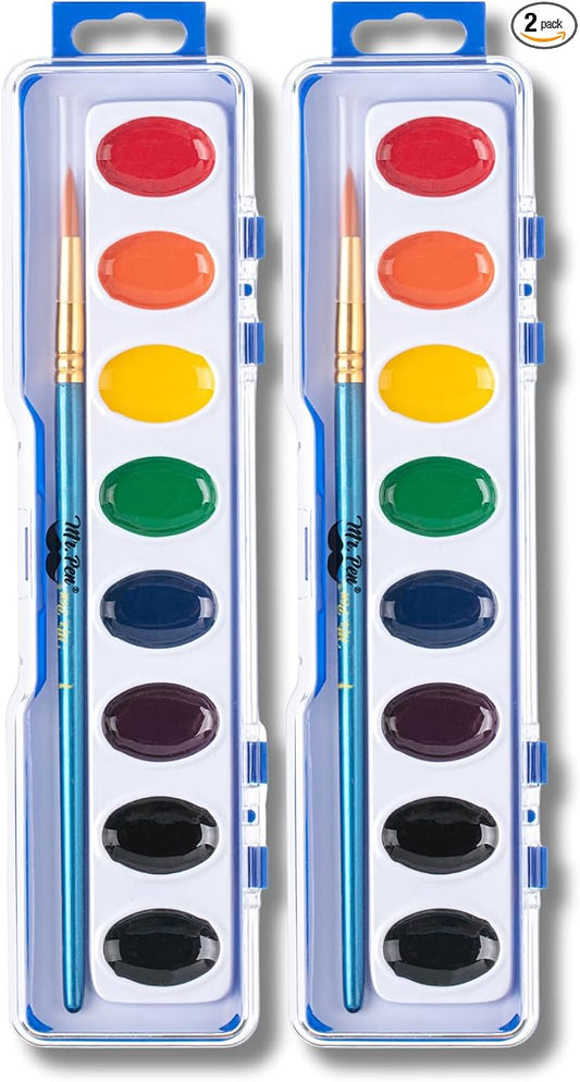 Mr. Pen- Washable Watercolors, 2 Pack, 8 Colors with Paint Brush | Safe & Non-toxic, Water Color Painting Kids, Watercolor Paint Set for Kids and Adults, Children, Students & Beginners