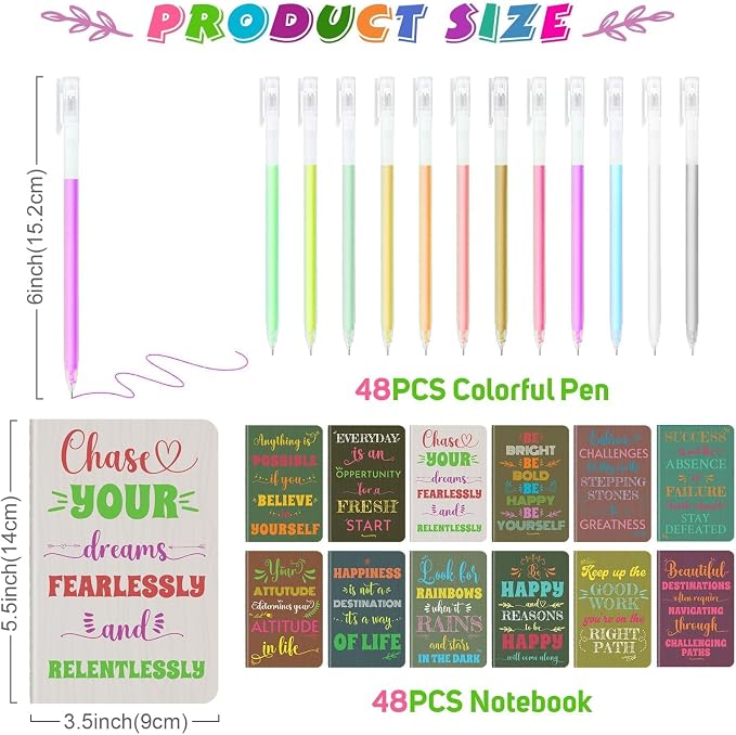 48 Pcs Mini Inspirational Notebooks Bulk with 48 Colorful Pens， 3.5"x5.5" | Small Pocket Journal Notepads Set, Motivational Bulk Gifts for Women Men Teacher Students Kids, End of School Year Gift Bulk
