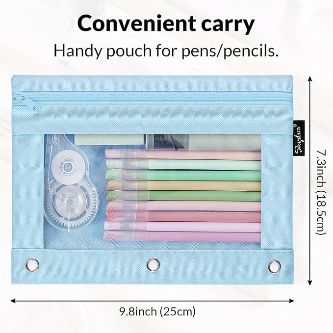 3 Ring Pencil Pouch for Binder, Zipper Pencil Case with Clear Window, Durable Binder Pencil Pouch for School Supplies, Fits Standard 3 Ring Binders, Organizer for Students, Teachers & Office Use