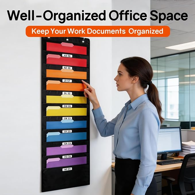 SUNEE 10 Pockets Hanging Wall File Organizer, Black Storage Pocket Chart for File Folder and Paper, Space Saver for Office and Classroom, with Wall Hangers, Over The Door Hooks, Labels