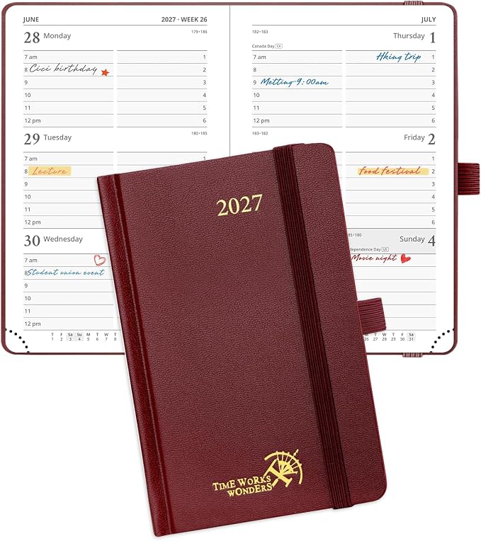 POPRUN Pocket Calendar 2027, 4" x 6.25" Pocket Calendar for Purse, Jan 2027 - Dec 2027 Small Planner, Weekly Appointment Book with Hourly Time Slots, Hardcover, 100 GSM - Burgundy