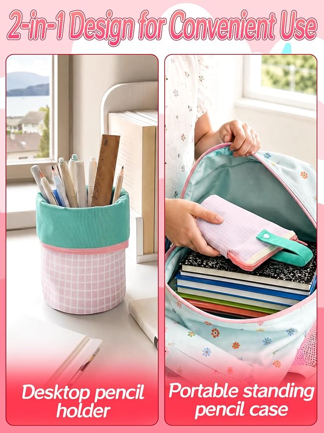 Bigmeta Gingham Standing Soft Pencil Case for Girls - 2-in-1 Cute Aesthetic Pencil Pouch with Zipper, Stationery Holder Bag for Middle & Elementary Students Back to School Supplies (Pink)