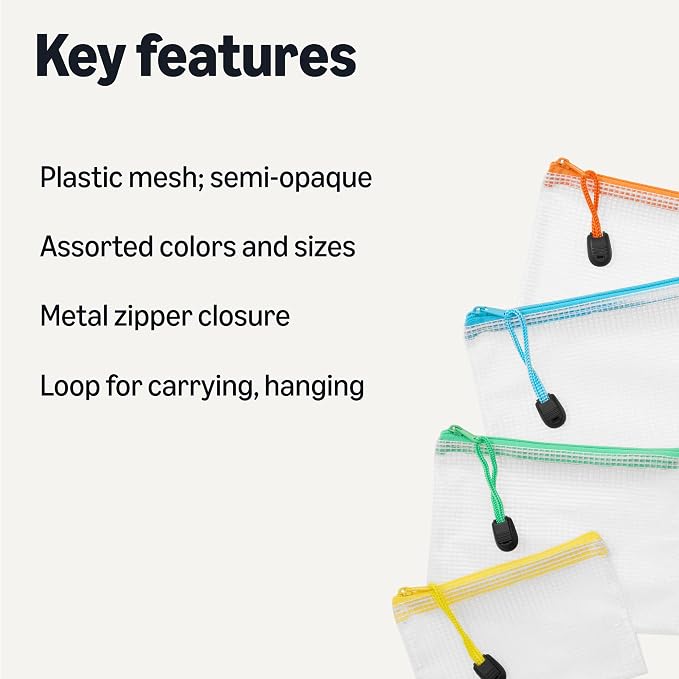 Amazon Basics 30-Pack Mesh Zipper Pouch Bags, 8 Sizes Assorted Colors Storage Organizers, Multipurpose Clear Travel Document Bags for Office Home School Organization