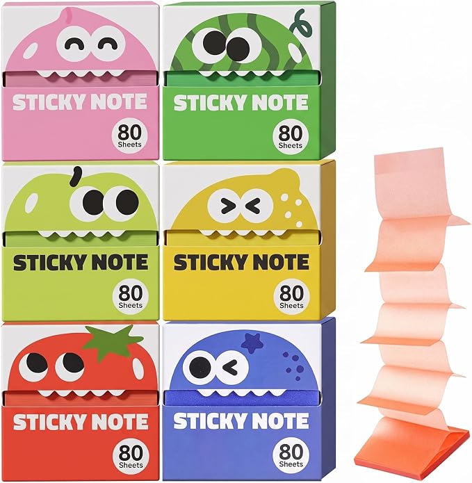 Cute Fruit Monster Pop Up Sticky Notes, Transparent Sticky Notes，6 Boxes | Reusable Office Stationery with Strong Adhesion, No Residue, 50 Reuses Per Sheet, Fun Desk Essential for Office & Study