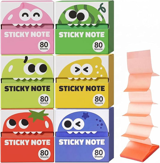 Cute Fruit Monster Pop Up Sticky Notes, Transparent Sticky Notes，6 Boxes | Reusable Office Stationery with Strong Adhesion, No Residue, 50 Reuses Per Sheet, Fun Desk Essential for Office & Study