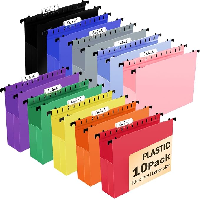 Navona 10 Pack Plastic Hanging File Folders, Letter Size | Heavy Duty 2" Expanding Pockets with Clear Tabs, Reusable File Organizer for Home, Office & Filing Cabinets, 10 Colors