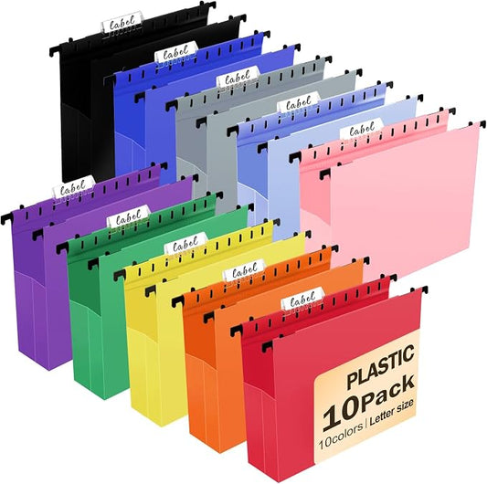 Navona 10 Pack Plastic Hanging File Folders, Letter Size | Heavy Duty 2" Expanding Pockets with Clear Tabs, Reusable File Organizer for Home, Office & Filing Cabinets, 10 Colors