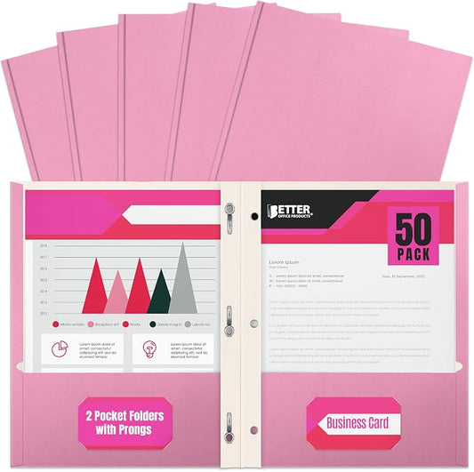 Better Office Products Pink Paper 2 Pocket Folders with Prongs, 50 Pack, Matte Texture, Letter Size Paper Folders, 50 Pack, with 3 Metal Prong Fastener Clips, Pink