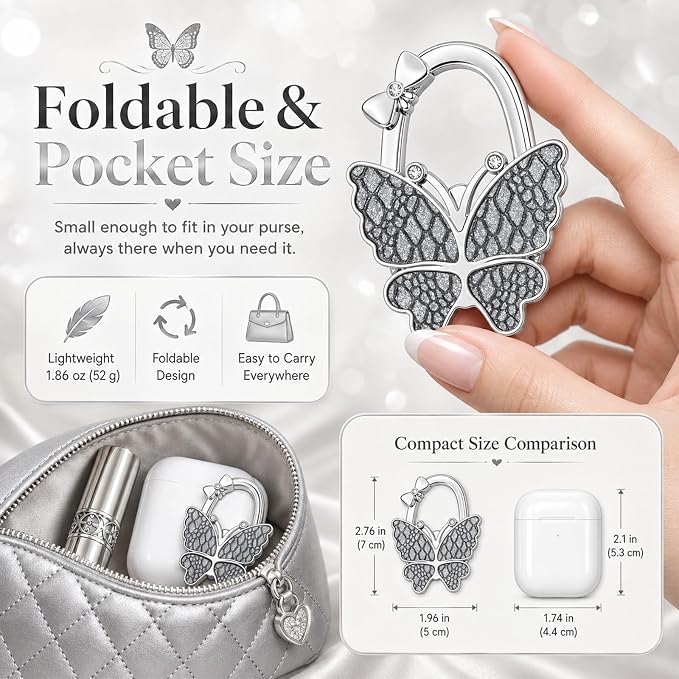Purse Hook for Table, Foldable Handbag Hanger for Women, Portable Bag Holder with Non-Slip Base, Cute Lychee Grey Butterfly Purse Table Hook for Restaurant Office Travel Gift