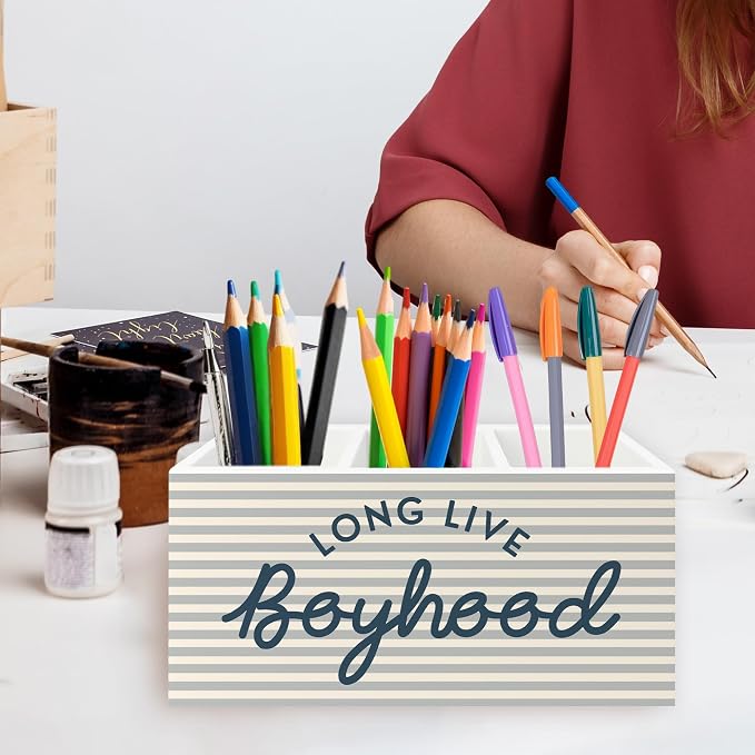 Boys Pen Pencil Holder Organizer for Desk, Long Live Boyhood Grey Striped Wooden Box Signs Decorations for Home Classroom Kids Boy Nursery Room Bedroom Playroom Desk Tabletop, Boys Room Decor