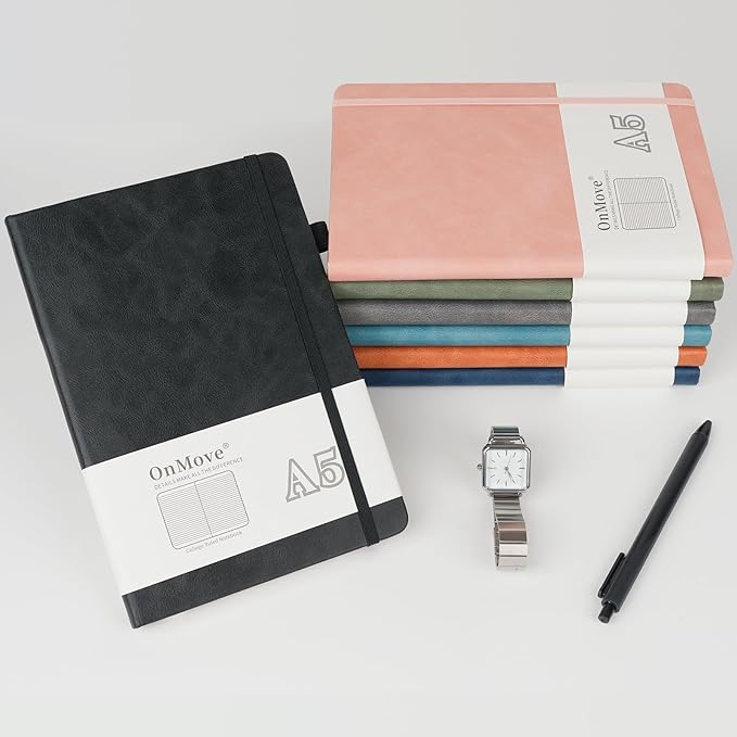 Notebooks Journal for Women Men 5 Pack Bulk Leather Hardcover with Pen Holder A5 160 Pages 100 GSM Thick Paper for Work School Lined Black