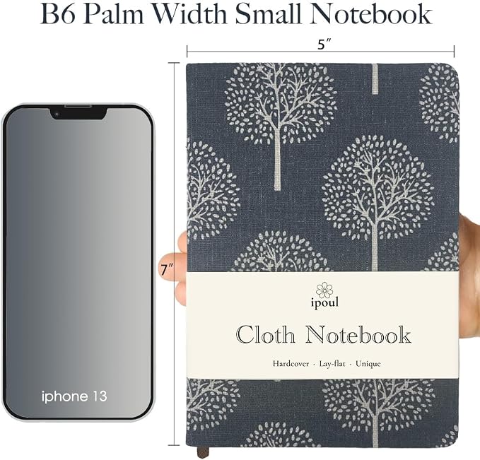 Linen Notebook, Hardcover Cloth Journal, B6, 264 Pages, 5x7 Small Lined Notebook & Sketchbook, Lay Flat, White Tree Navy Blue Fabric, Dirt-proof, Suitable for Outdoor Sketching