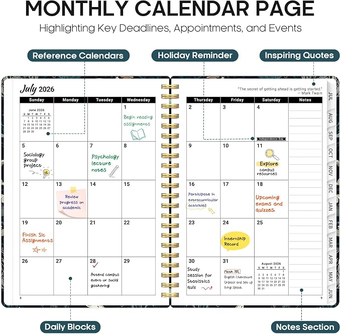 Planner 2026-2027, Academic Year Monthly and Weekly Calendar Planner, Jul 2026 - Jun 2027, Hardcover Teacher Student Planning Agenda book with Tabs, Perfect for School Office Supplies, 8.5" x 11" - Secret Sea
