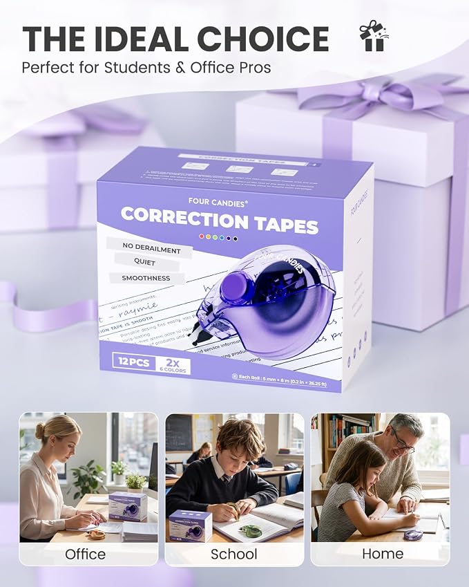 Four Candies Silent Correction Tape, White Correction Tape 12 Pack, 26.2ft, Ergonomic Easy-to-Use Applicator,Fast Clean Instant Corrections, Smooth High-Opacity Tear-Resistant Office & School Supplies