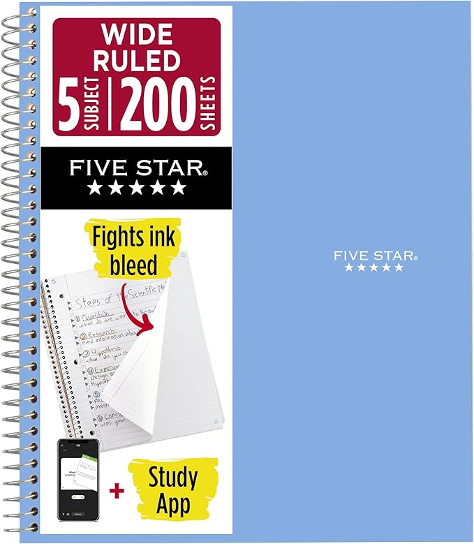 Five Star Spiral Notebook + Study App, 5 Subject, Wide Ruled Paper, 8" x 10-1/2", 200 Sheets, Fights Ink Bleed, Water Resistant Cover, Tidewater Blue (73196)