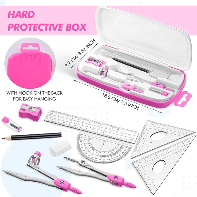 Zonon Math Geometry Set for Students 10 Pcs Compass Geometry Tools Kit Includes Protractor Compass Lead Refills Rulers Pencil Sharpener Eraser Pencil Storage Box for Drafting and Drawings(Pink)