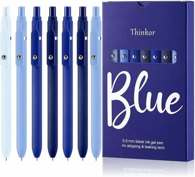 thinkor Gel Pens Black Ink, 7 Pcs 0.5mm Quick Dry Fine Point Smooth Writing Pens, Cute Office School Supplies Gifts for Women Student (7 Pcs Blue- Black Ink)