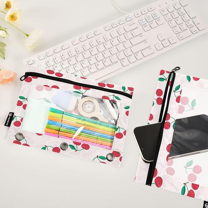 Cherry Pencil Pouch Fits standard 3-ring binders, Zipper Binder Pencil Bag with Clear Window for Office 2 Pack