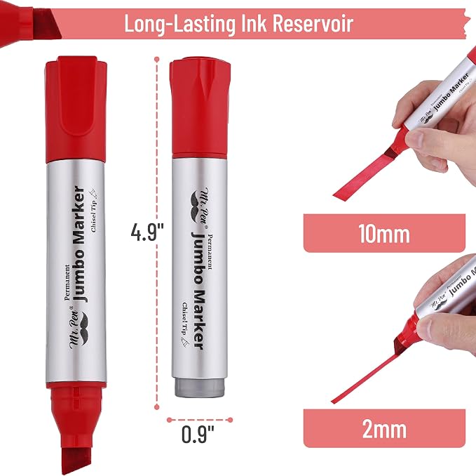 Mr. Pen- Jumbo Permanent Markers, 4 Pack, Red, Chisel Tip, Wide Tip, Large | Thick Permanent Markers for Canvas, Posters Board, Fabric, Window, Glass, Wood, Waterproof, Quick Dry