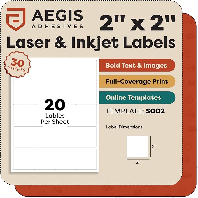 2x2 Inches Square Labels, Printable Custom Labels, Business Logo Stickers, Small QR Codes for Laser & Inkjet Printers, Matte White - Aegis Adhesives Template S002 (30 Sheets, 600 Stickers)
