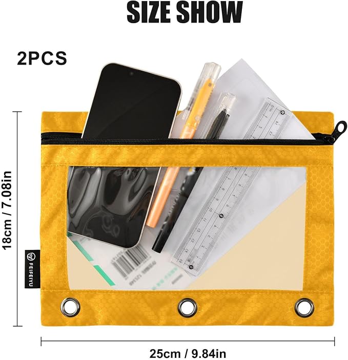 Gredecor Binder Pencil Pouch 3 Ring Orange Zipper Pencil Pouches Case 2 Pack Clear Binder Organizer for School Office