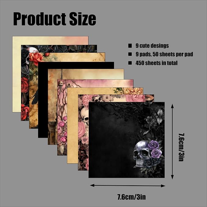 9 Pads Gothic Sticky Notes Set, Black Self-Stick Notepads, Super Adhesive Memo Pads Note Card, Halloween Office Decor Gifts, Desk Accessories for Students, Teacher and School Supplies, 3x3in