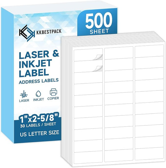KKBESTPACK 30 Up Shipping Address Labels – 1” x 2-5/8” Self-Adhesive Barcode FNSKU Stickers for Inkjet and Laser Printer (500 Sheets / 15000 Labels)
