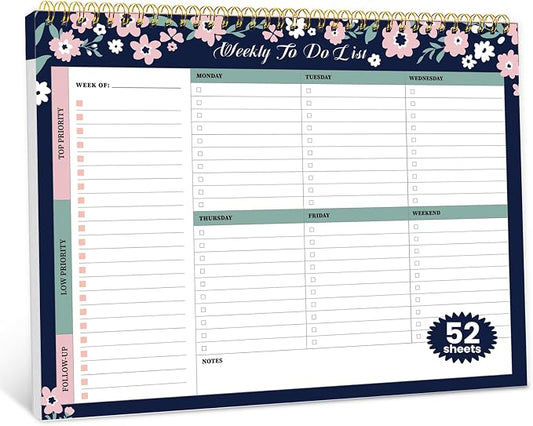 Weekly To Do List Notepad with 52 Undated Sheets（8.5"×11"）- Undated Weekly Planner Notepad for Office Desk Accessories and Supplies - Navy Blossom