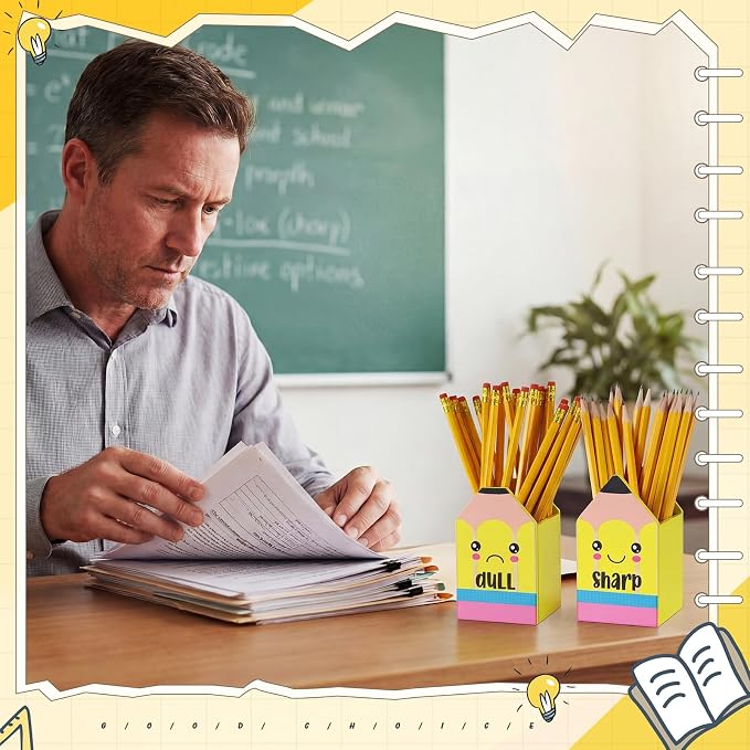 DoubleFill 2 Pcs Yellow Pencil Shaped Holder Sharp Dull Holder Wooden Dispenser Pen Storage with Classic Pencil Shaped Design for Back to School Teachers Classroom Organization Accessories