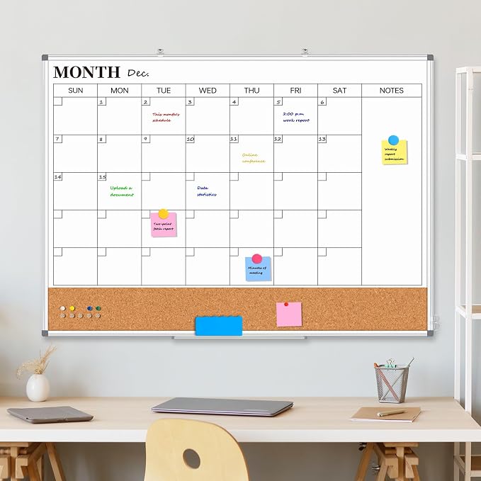 Large Monthly Dry Erase Calendar Whiteboard for Wall, 48" x 36" Double-Sided Big Calendar White Board Cork Board Combo, Aluminum Framed Month Planning Bulletin Board for Office, School, Home