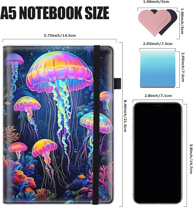 Hardcover Executive Notebooks, A5 PU Leather Lined Journal Notebook, 200 Pages Thick Paper Subject Notebooks for School,Work,Home Writing Business Notebook, Diary Book ，Colorful Jellyfish