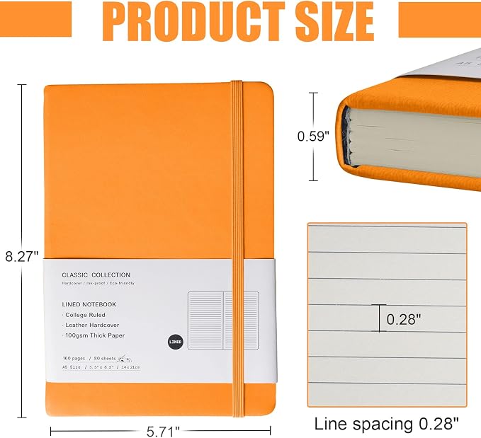 Lined Journal Notebook, 10Pack Hardcover Notebook for Men & Women – Journals for Writing, Work, School, Home & Daily Notes, 160 Pages – Medium A5, 5.7"x8", 100 gsm Thick Paper (Orange)