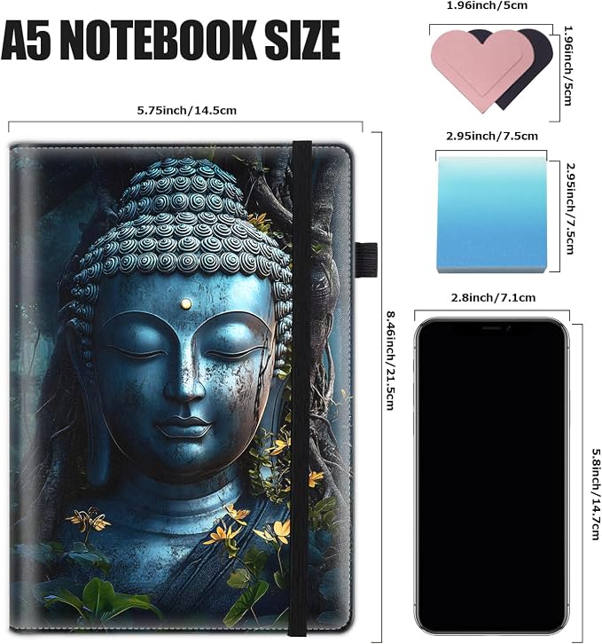 Hardcover Executive Notebooks, A5 PU Leather Lined Journal Notebook, 200 Pages Thick Paper Subject Notebooks for School,Work,Home Writing Business Notebook, Diary Book, Buddha Statue in Forest